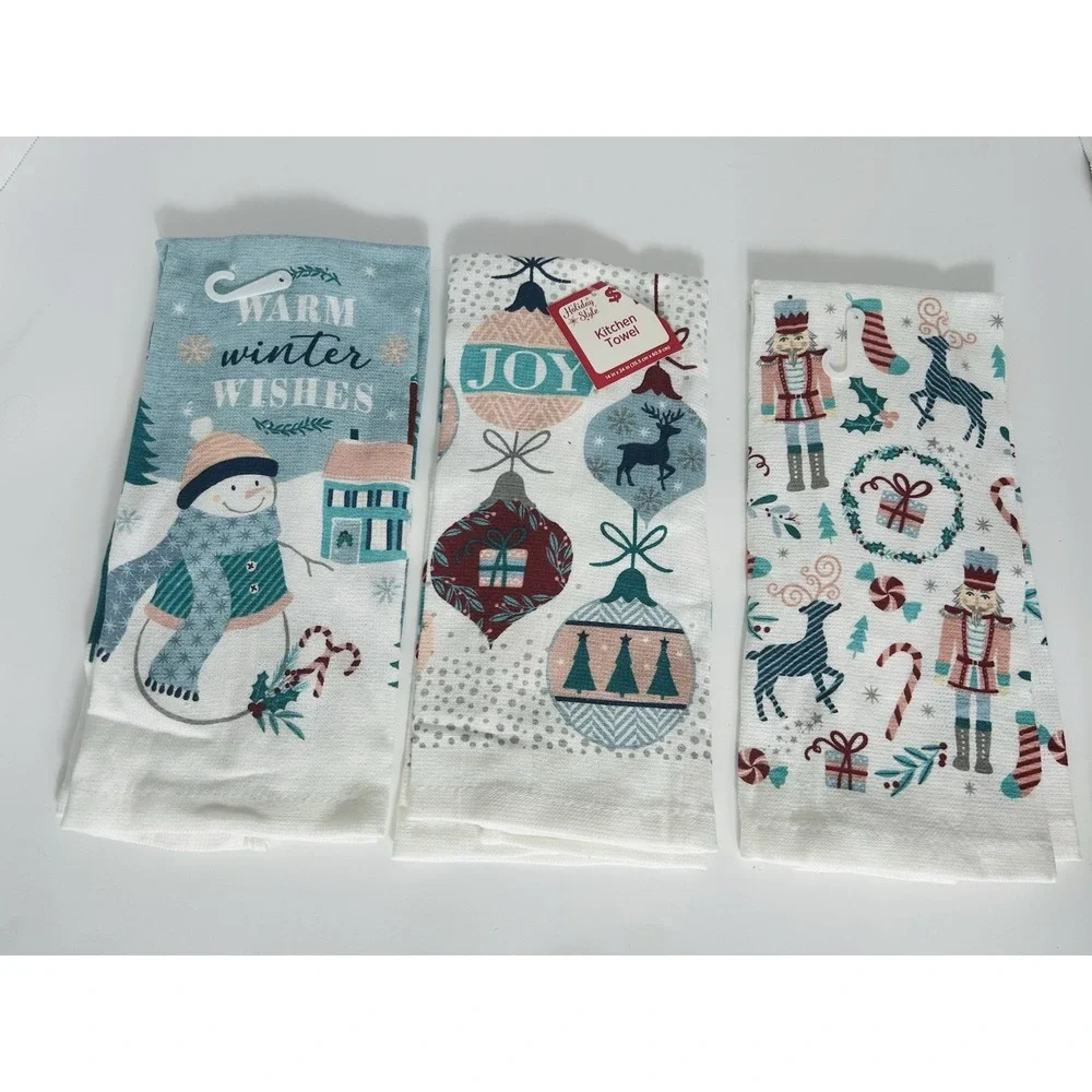 LOT of 3 Blue Whimsical Christmas Holiday Tea Hand Towels Nutcracker Snowman‎
